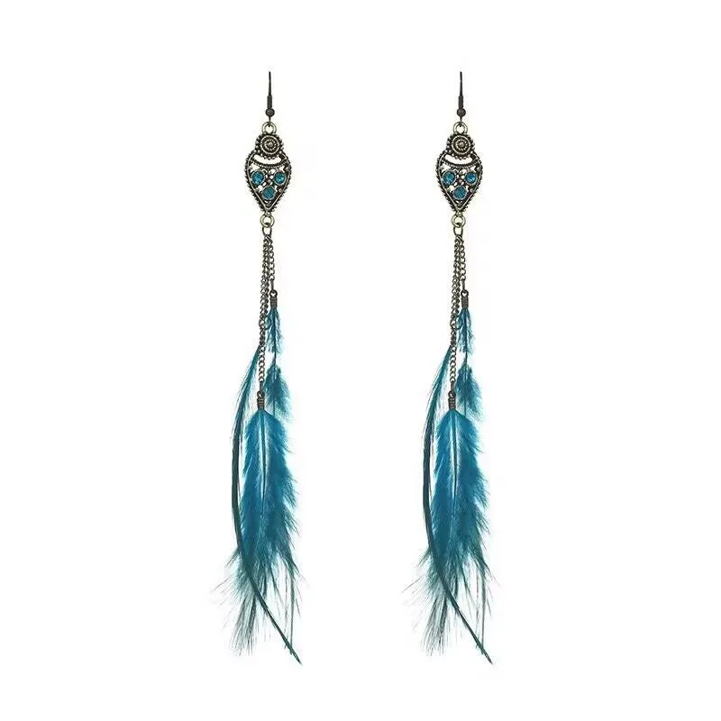 Vintage chain tassel bohemian feather earrings
