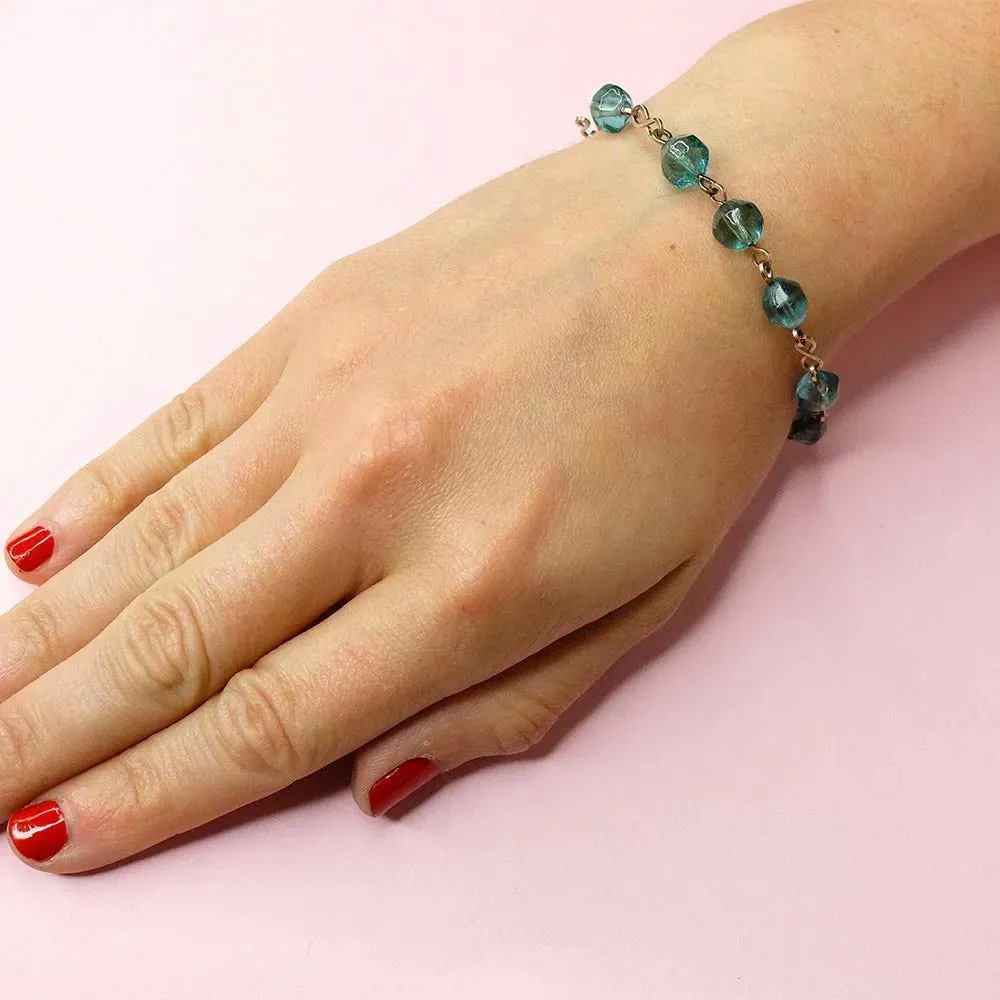 Vintage Rolled Gold Teal Glass Necklace and Bracelet Set
