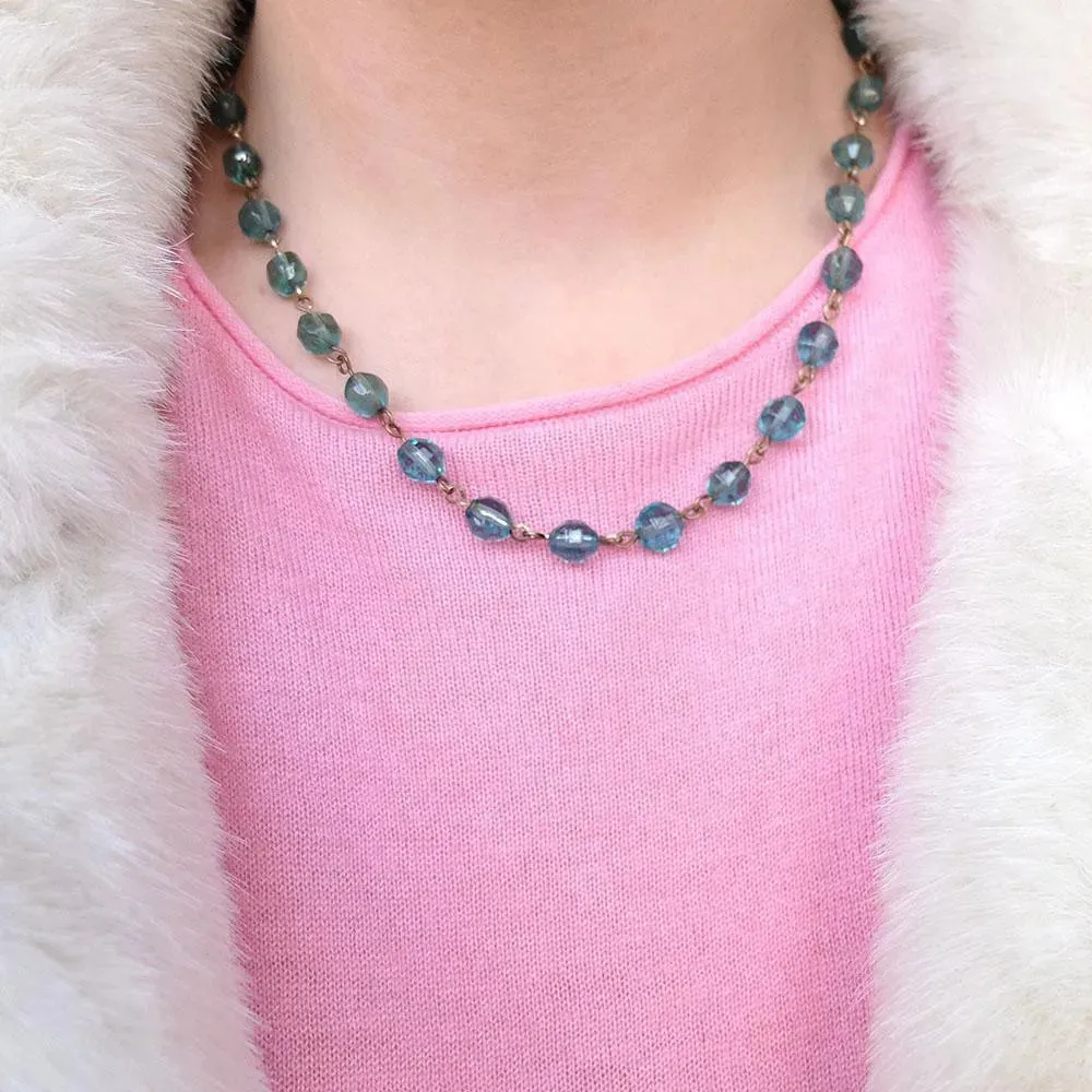 Vintage Rolled Gold Teal Glass Necklace and Bracelet Set