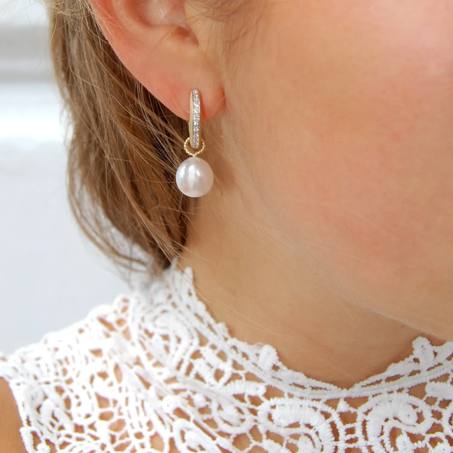 White South Sea Pearl & Diamond 'Gold-Huggies'