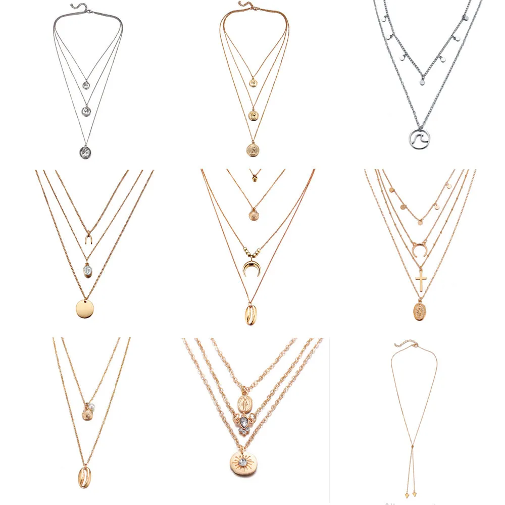 Women Vintage Charm Multilayer Jewelry Crystal Moon Choker Necklaces